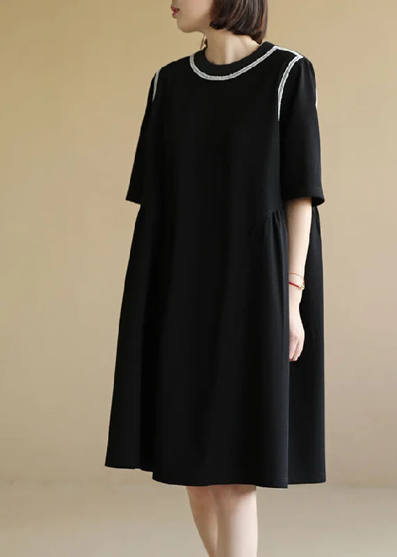 Stylish Clothes For Women Italian Black O-Neck Patchwork Knit Cinch Mid Dress Short Sleeve Stylish Clothes For Women Italian Black O-Neck Patchwork Knit Cinch Mid Dress Short Sleeve