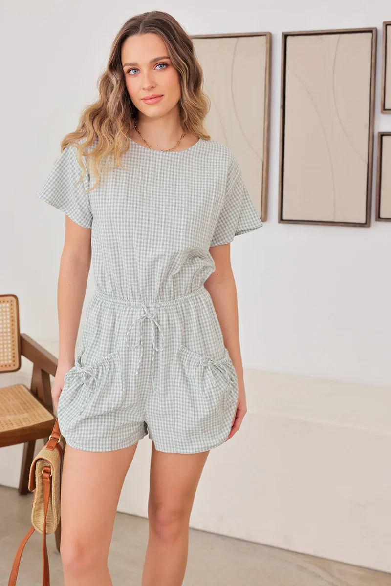 Seasonal Trends Short Sleeve Drawstring Waist Checker Romper