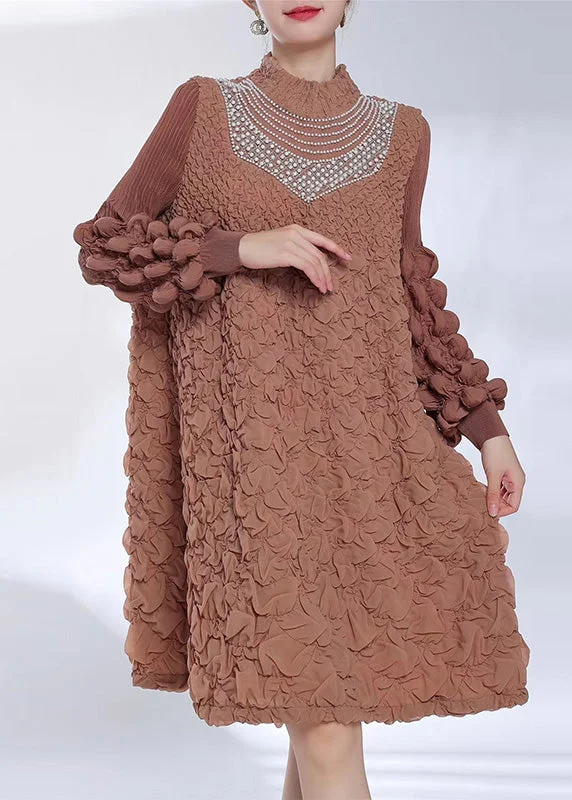 Women's Elegant Clothes Loose Coffee Wrinkled Pearl Patchwork Cotton Mid Dress Spring Women's Elegant Clothes Loose Coffee Wrinkled Pearl Patchwork Cotton Mid Dress Spring