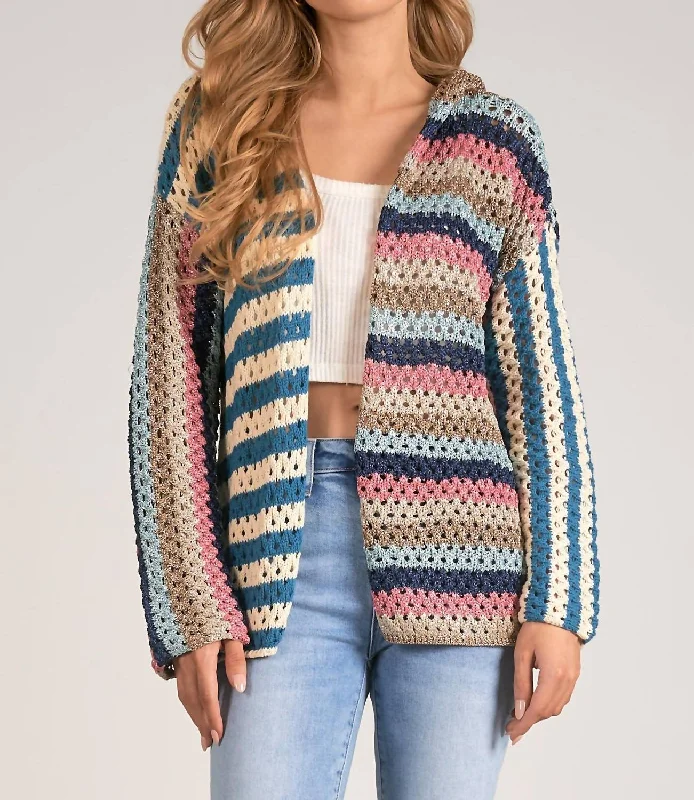 Women's Clothing With Trendy Designs Cardigan Hoodie Sweater In Blue/pink Multi