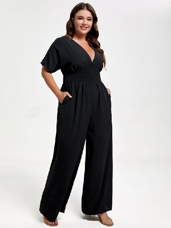 The Latest Fashion Trends Plus V Neck Dolman Sleeve Pocket Shirred Wide Leg Jumpsuit