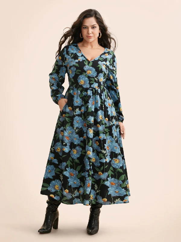 Sporty Streetwear V Neck Floral Print Elastic Waist Dress