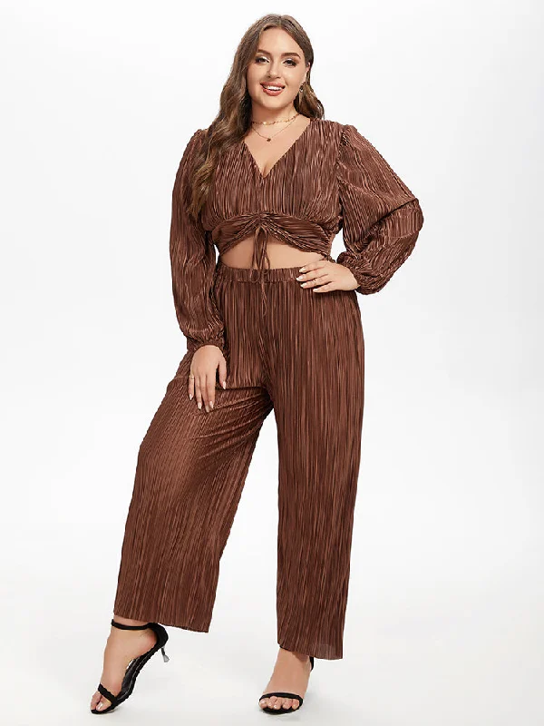 Fashion Essentials Drawstring Front Cut Out Lantern Sleeve Jumpsuit