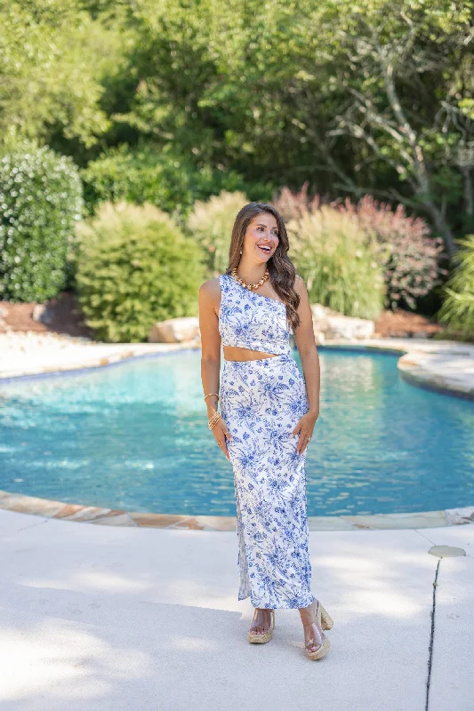 Valentine's Special Blue Floral One Shoulder Maxi Dress