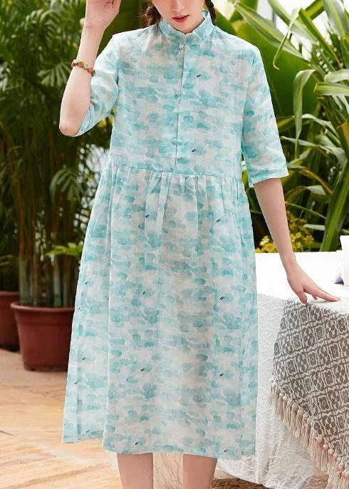 Fashionable Women's Clothes Modern stand collar patchwork linen clothes For Women Shape blue green print Dresses summer Fashionable Women's Clothes Modern stand collar patchwork linen clothes For Women Shape blue green print Dresses summer
