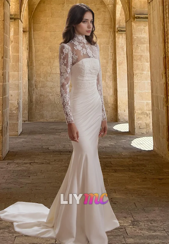 Casual Clothes For Women High Neck Long Sleeves Lace Appliques Pleated Mermaid Wedding Dress Casual Clothes For Women High Neck Long Sleeves Lace Appliques Pleated Mermaid Wedding Dress