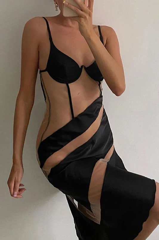 Women's Clothing For Outdoor Activities Mesh Contrast Irregular Cami Dress