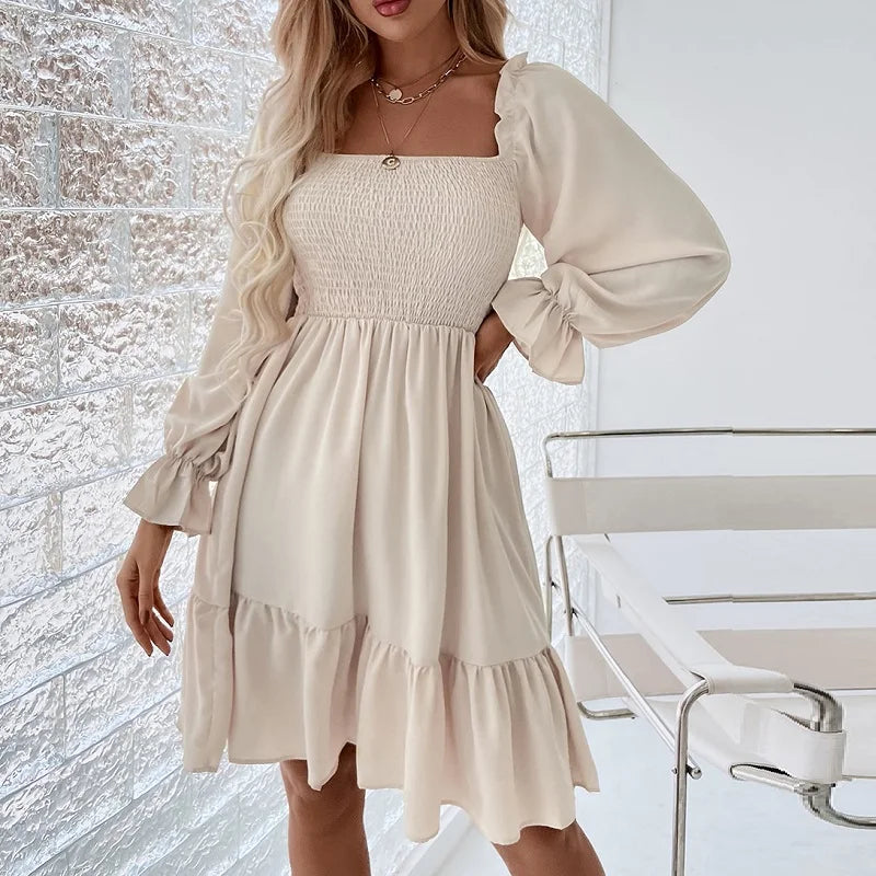 Casual Chic Women's Clothes Elegant Fashion Solid Square Collar Ruffle Backless Midi Dress