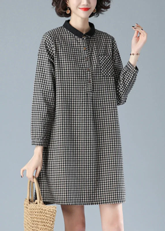 Clothes For Sale Art Black Plaid Peter Pan Collar Button Cotton Mid Dress Fall