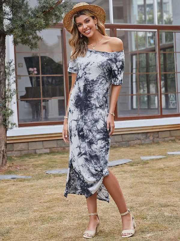Luxury Women's Clothes KittenAlarm - Women's Mid-length A-line Skirt Off-the-shoulder Ink Print Dress Luxury Women's Clothes KittenAlarm - Women's Mid-length A-line Skirt Off-the-shoulder Ink Print Dress