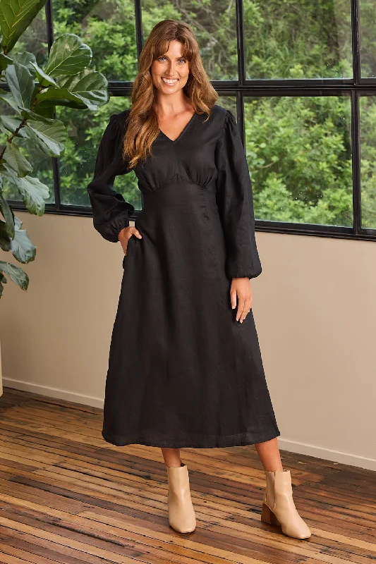 Women's Clothing For Casual Outings Farrah Long Sleeve Linen Dress in Black