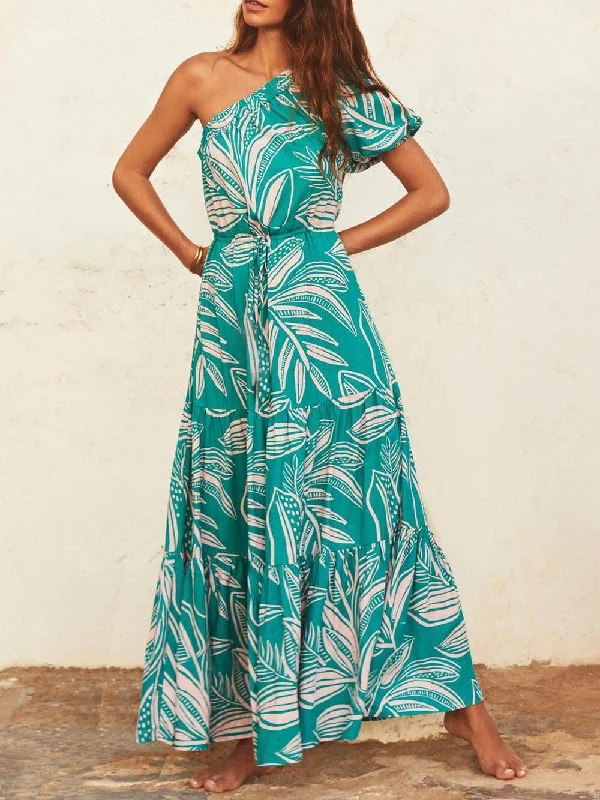 Comfortable Lounge Clothing Palm Leaf Print Off-Shoulder Graceful Holiday Style Floral Dress Comfortable Lounge Clothing Palm Leaf Print Off-Shoulder Graceful Holiday Style Floral Dress