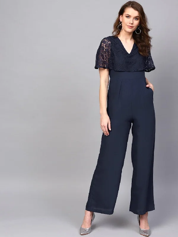 Casual Clothing For Women Navy Layered Lace Jumpsuit
