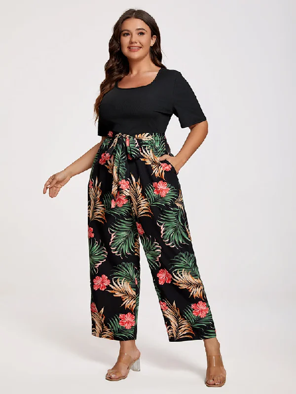 Hot Styles Plus Tropical Print Square Neck Belted Jumpsuit