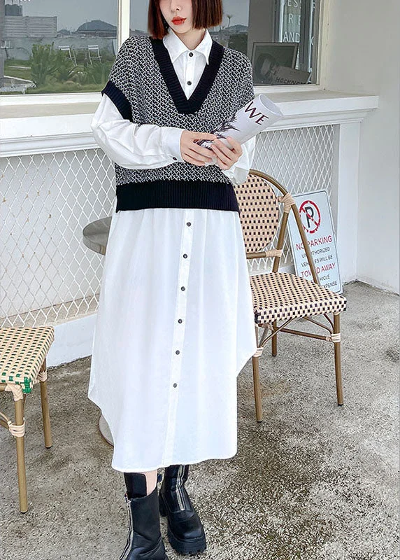 Women's Party Clothes Style Black Patchwork White Button Loose Fall Dresses Long sleeve Women's Party Clothes Style Black Patchwork White Button Loose Fall Dresses Long sleeve