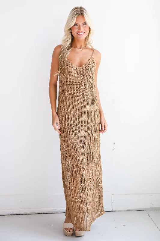 Effortless Everyday Wear FINAL SALE - Compelling Style Taupe Crochet Knit Maxi Dress