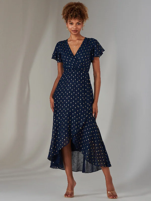 Women's Clothes For Outdoor Events Metallic Spot Textured Chiffon Maxi Dress, Navy