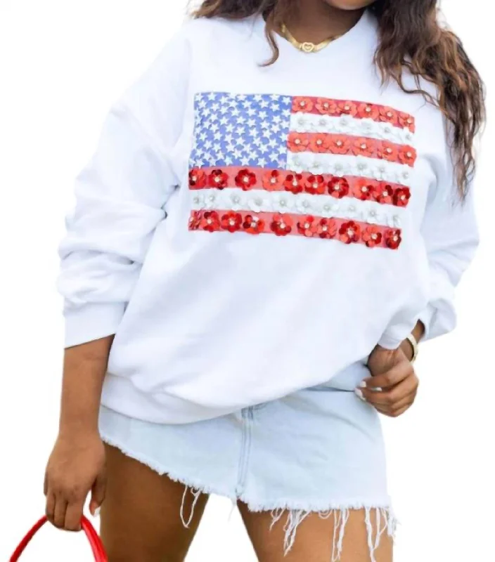 Women's Trendy Clothes Flower American Flag Sweatshirt In White