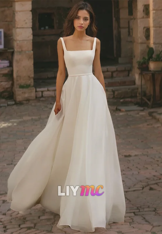Vintage-Inspired Women's Clothes Square Sleeveless Straps Pleated A-Line Wedding Dress Vintage-Inspired Women's Clothes Square Sleeveless Straps Pleated A-Line Wedding Dress