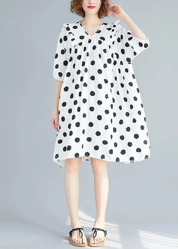 Women's High-End Clothing French v neck Cinched Tunics Shirts white dotted Dress summer Women's High-End Clothing French v neck Cinched Tunics Shirts white dotted Dress summer