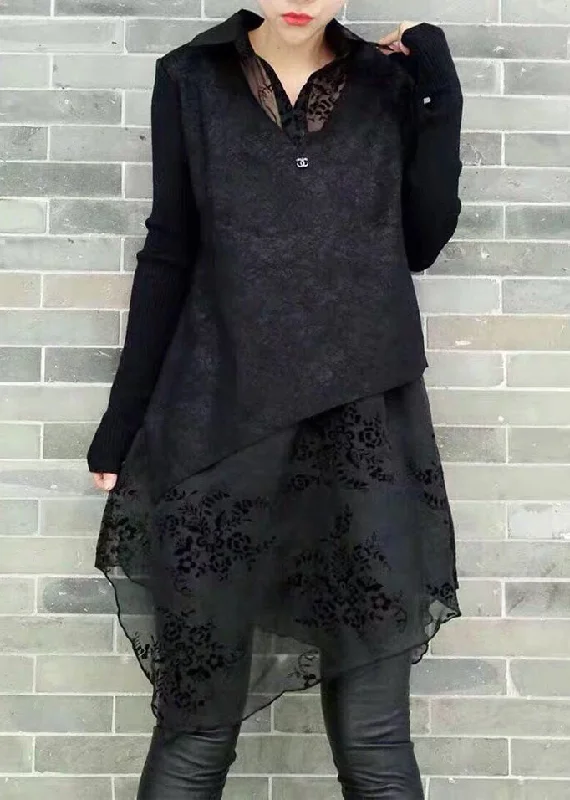 New Arrivals Natural Black Peter Pan Collar Asymmetrical Print Knit Patchwork Chiffon Mid Dress Long Sleeve