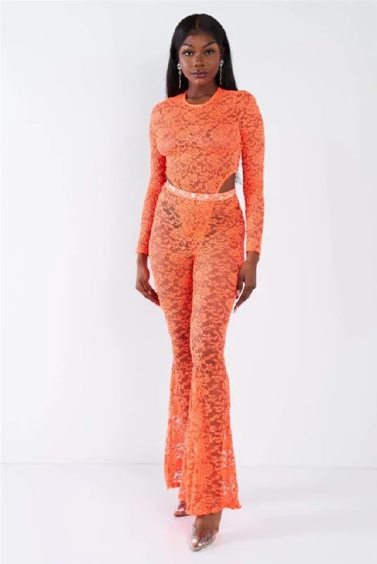 End Of Season Sale Clothing Orange Floral Lace Bodysuit Flare Leg Jumpsuit