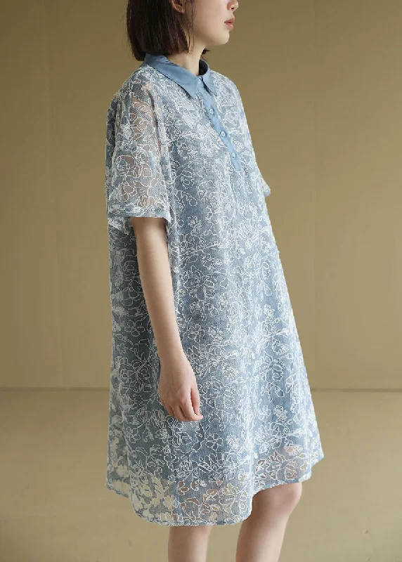 Casual Chic Clothing For Women Handmade Blue Peter Pan Collar Embroideried Lace Shirt Dresses Short Sleeve Casual Chic Clothing For Women Handmade Blue Peter Pan Collar Embroideried Lace Shirt Dresses Short Sleeve