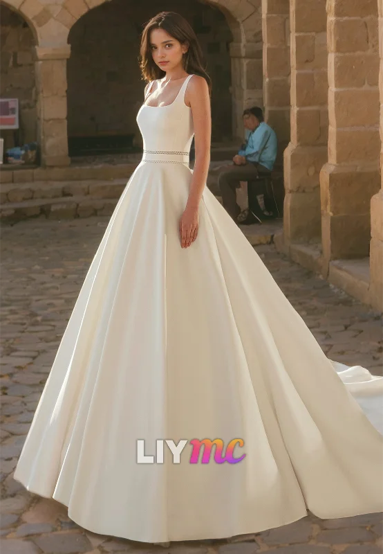 Women's High-Fashion Clothes Square Sleeveless Pleated Satin A-Line Wedding Dress