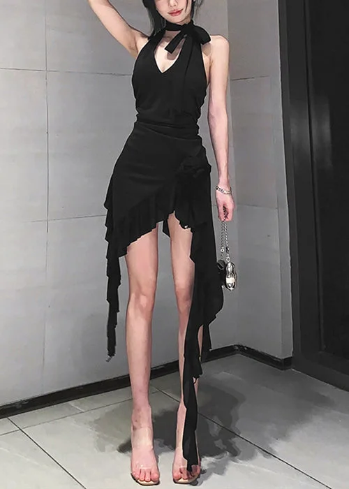 Limited Time Offer Sexy Black V Neck Lace Up Cotton Mid Dress Sleeveless