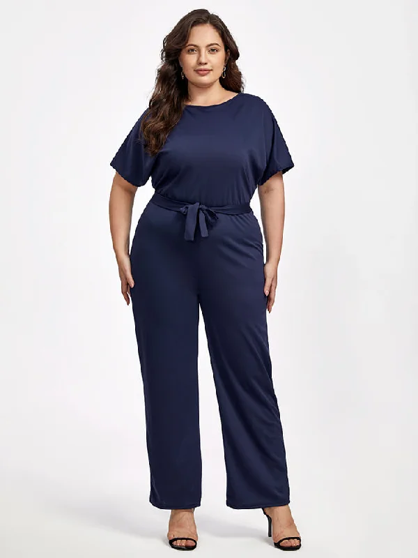 Eclectic Fashion Plus Batwing Sleeve Tie Front  Round Neck Jumpsuit