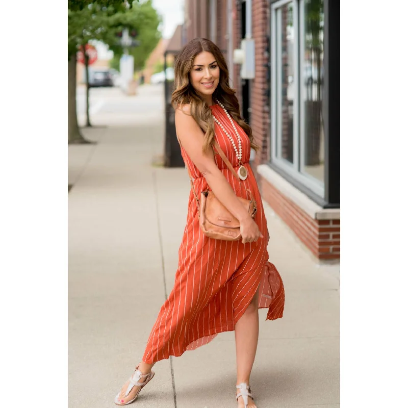 Glamorous Evening Wear Pinstriped Halter Maxi