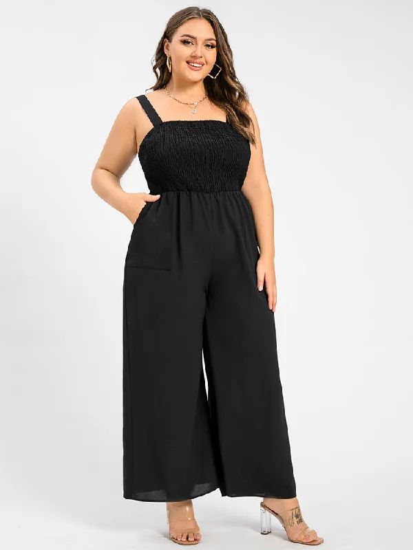 Casual Chic Plus Black Pocket Shirred Cami Jumpsuit