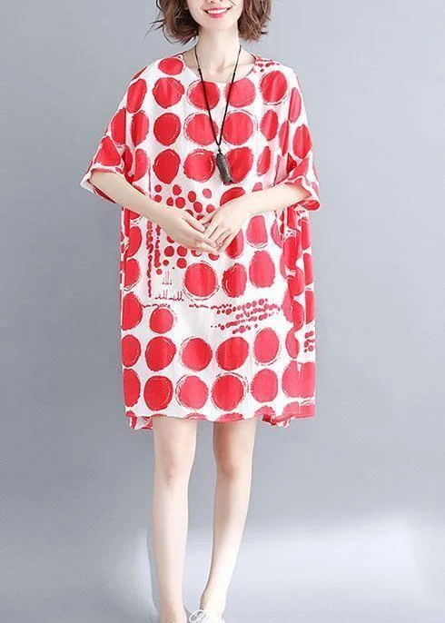 Casual Clothing For Women Organic red plaid cotton linen clothes For Women batwing sleeve oversized summer Dresses