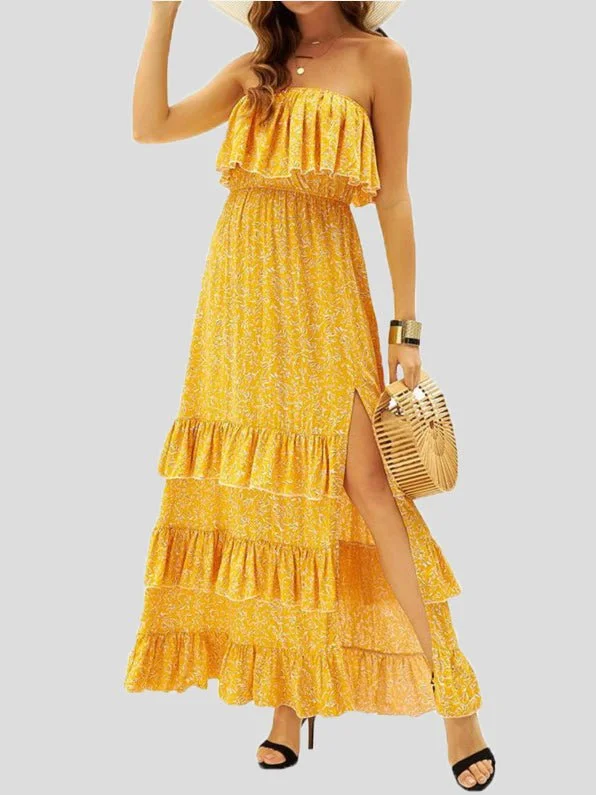 Women's Formal Clothes Printed Tube Top Ruffled Slit Dress