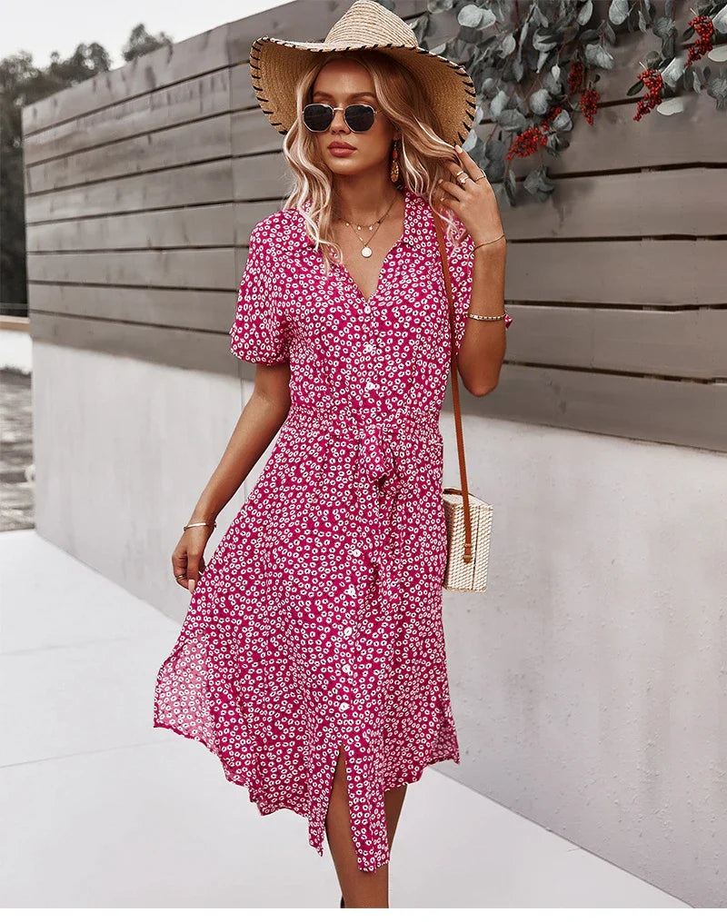 Women's Relaxed Clothes Boho Chic Floral Print Button V-Neck Casual Summer Midi Dress Women's Relaxed Clothes Boho Chic Floral Print Button V-Neck Casual Summer Midi Dress