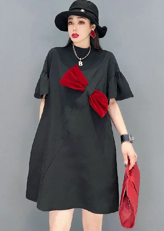 Women's Clothing Sets Organic Black Brief Bow Patchwork Cotton Mid Dress Short Sleeve Women's Clothing Sets Organic Black Brief Bow Patchwork Cotton Mid Dress Short Sleeve