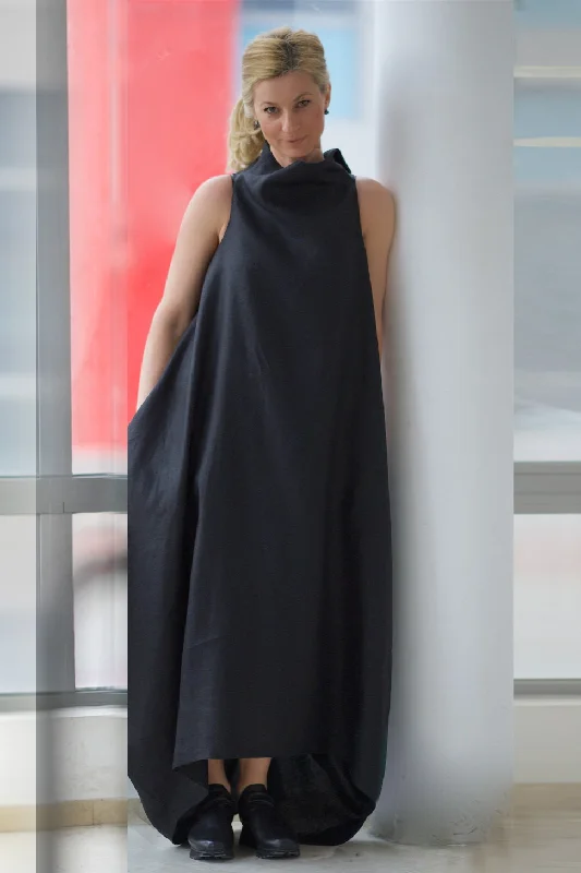 Plus-Size Women's Clothing Sleeveless Linen High Neck Dress