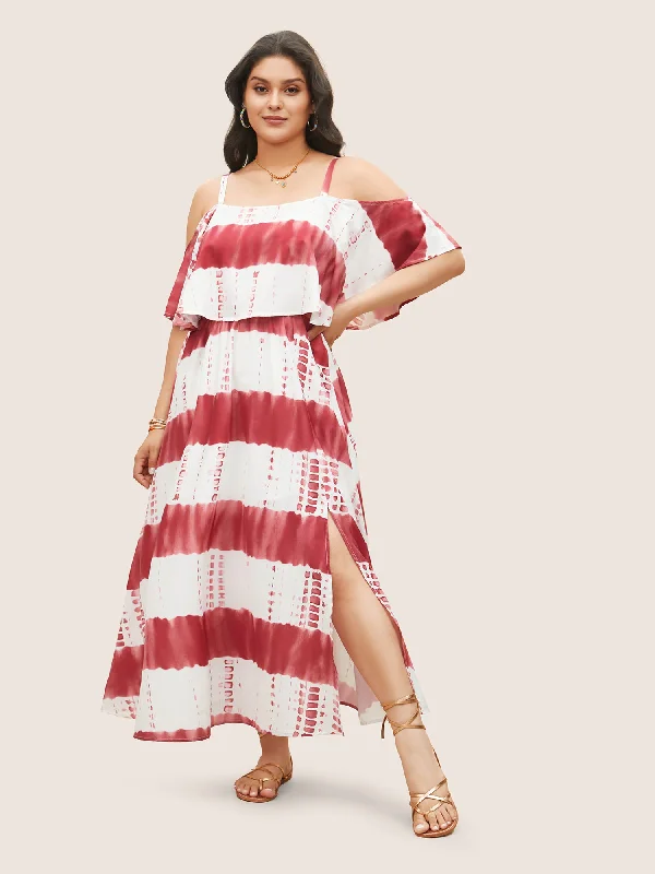 Trendy Women's Apparel for All Seasons Tie Dye Cold Shoulder Flutter Layered Dress