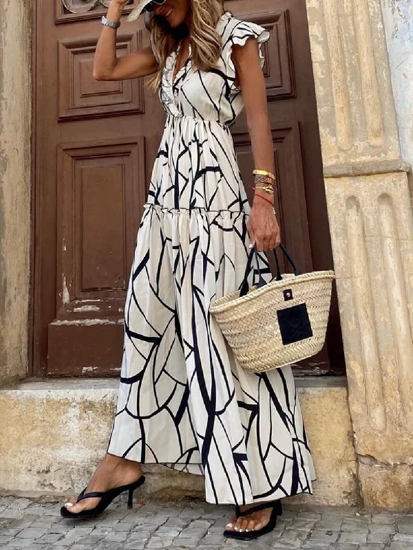 Chic Clothes For Women Geometric Print V-Neck Charming Ruffled Hem Maxi Dress