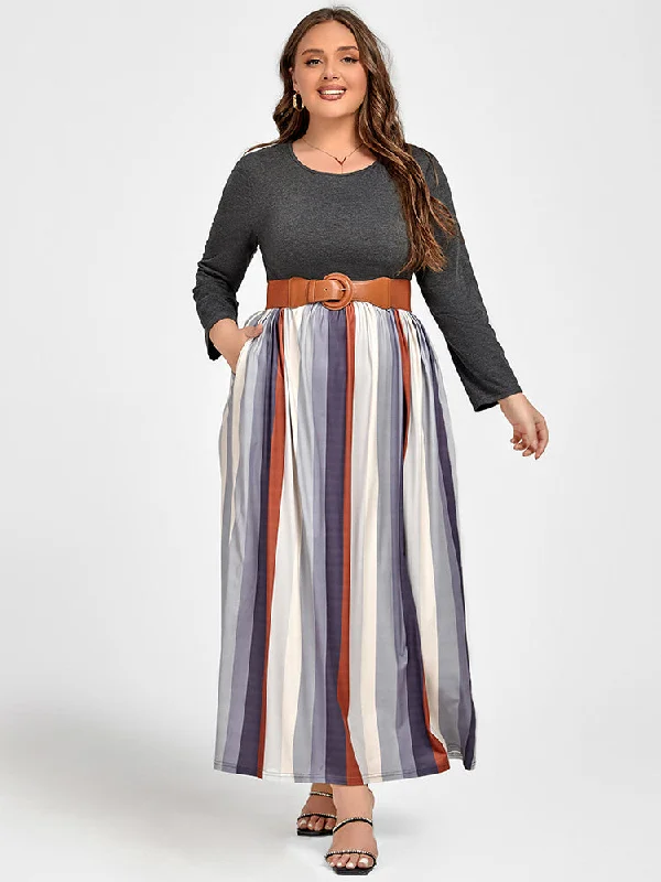 Classic Clothes For Women Plus Colorblock Striped Patchwork Pocket Maxi Dress Without Belt