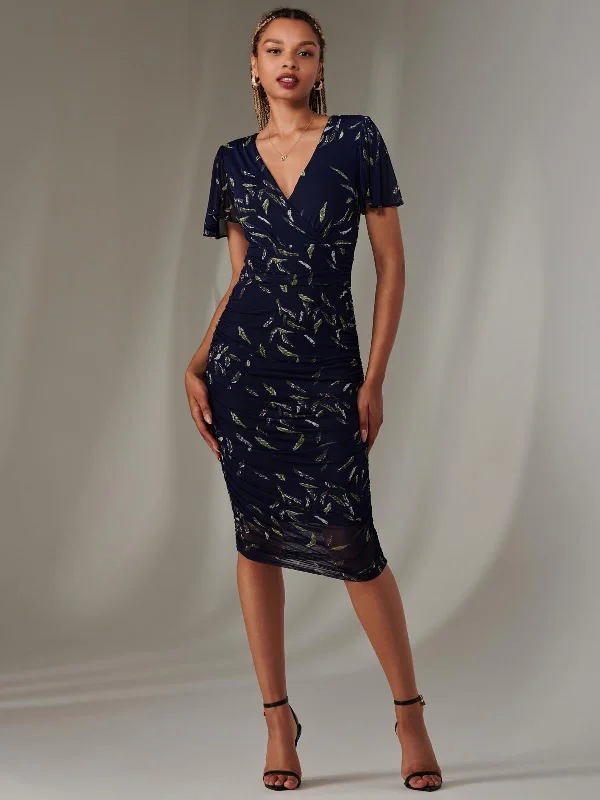 Women's Urban Clothing Angel Sleeve Ruched Bodycon Dress, Navy Leafy