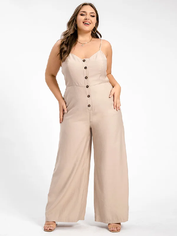 Flash Sale, Don't Miss Plus V-Neck Button Pocket Cami Jumpsuit