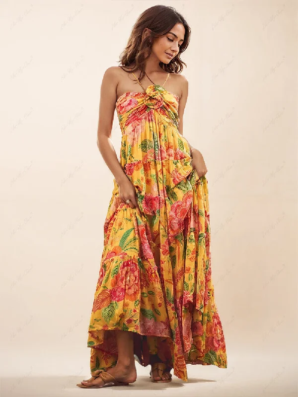 Women's Seasonal Clothes Hanging Neck Printed Floral Graceful Design Backless Straight Maxi Dress Women's Seasonal Clothes Hanging Neck Printed Floral Graceful Design Backless Straight Maxi Dress