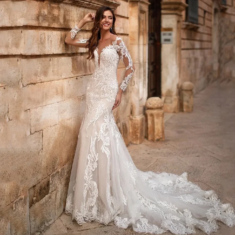 Luxury Women's Clothes V-Neck Mermaid Wedding Dress  Long Sleeve Lace Appliques Bride Gown Backless Train Illusion Back Vestidos De Noiva