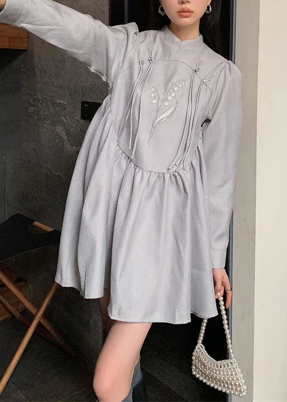 Latest Fashion for Women Fashion Grey Stand Collar Tasseled Embroideried Patchwork Silk Dress Spring