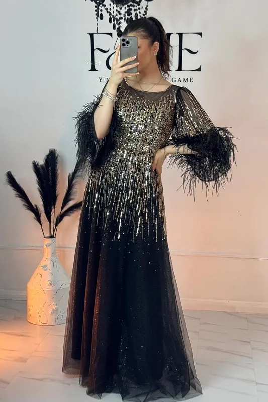 Wardrobe Update Evening Poem Sequin Feather Maxi Dress