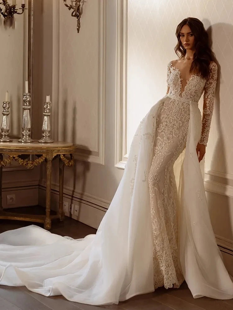 Women's Seasonal Clothes Vintage Wedding Dresses With Detachable Train Classic Bridal Gowns Lace Appliques V-Neck Backless Robes Vestidos De Novia Women's Seasonal Clothes Vintage Wedding Dresses With Detachable Train Classic Bridal Gowns Lace Appliques V-Neck Backless Robes Vestidos De Novia