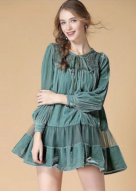 Huge Discounts This Week Light Green Embroideried Velour Dress O Neck Spring