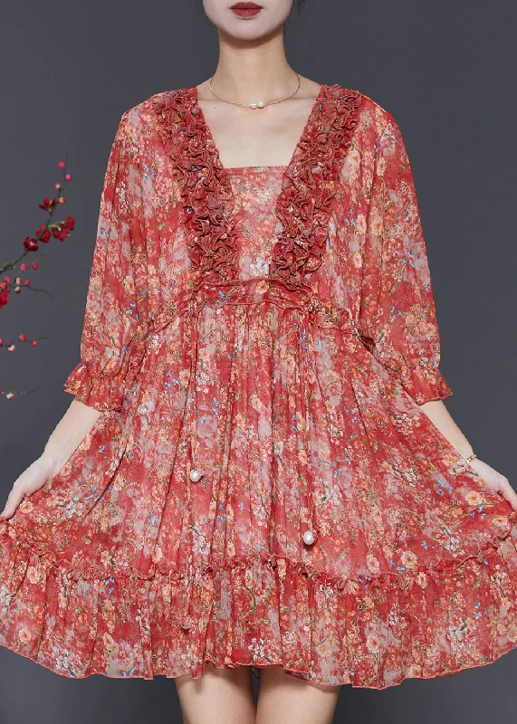 Online Boutiques Clothing Fashion Red Ruffled Print Chiffon Mini Dress Summer