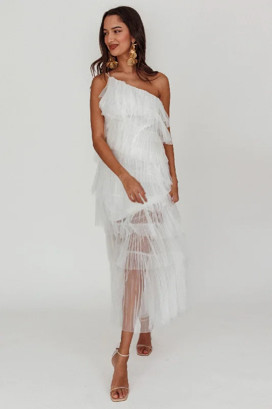 Snag Fabulous Fashion Bargains Arrabel Tiered Ruffle Tulle Maxi Dress White